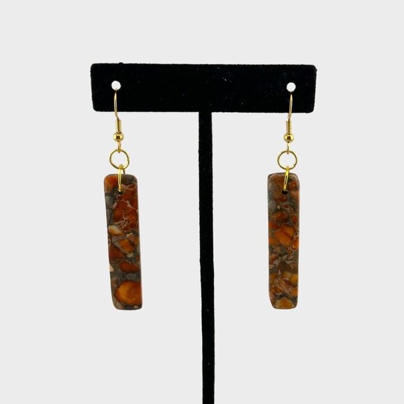 Orange Jasper Impressions Pyrite Earrings Natural Gemstones Gold Plated - Picture 5 of 10